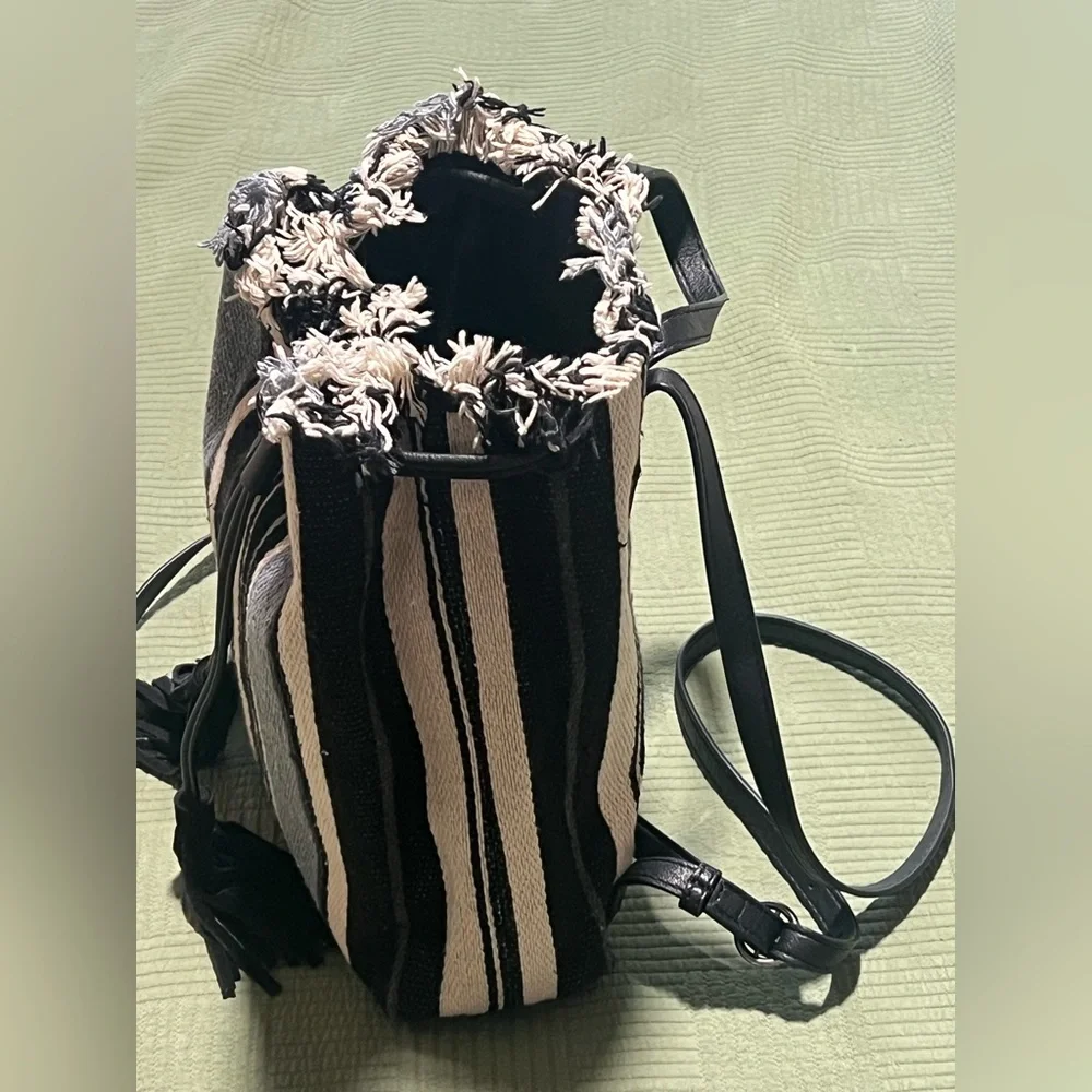 Lucky Brand Alzon Drawstring Clinched Fringed Backpack Blue, Black and Cream